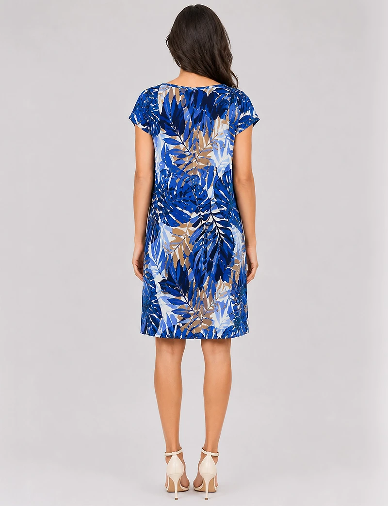 Robe Droite Extensible Imprimé Floral a Col Rond et Manches Courtes Perle