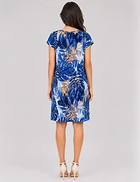 Robe Droite Extensible Imprimé Floral a Col Rond et Manches Courtes Perle