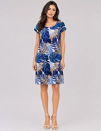 Robe Droite Extensible Imprimé Floral a Col Rond et Manches Courtes Perle