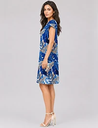 Robe Droite Extensible Imprimé Floral a Col Rond et Manches Courtes Perle