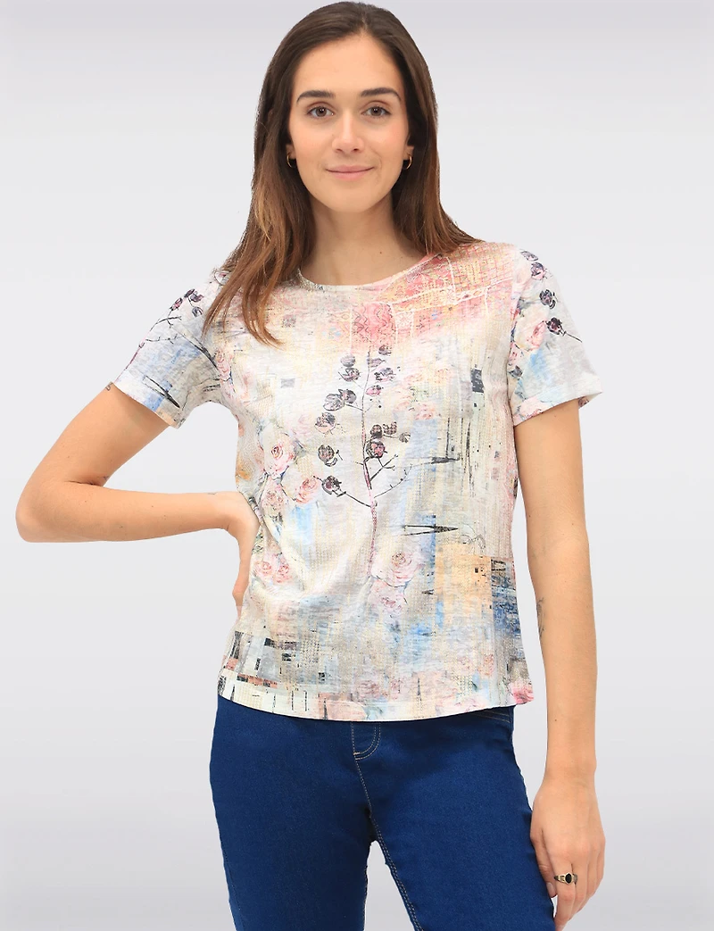 Haut En Tricot À Imprimé Floral Patchwork Strass & Manches 3/4 Par Beta's Choice