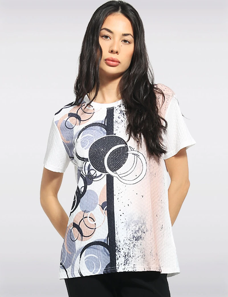 Haut Froissé À Imprimé Cercles Manches Courtes & Strass Par Fashion Collection