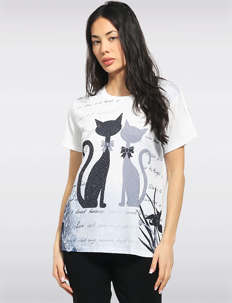 Haut Manches Courtes À Imprimé Chats Et Texte Avec Strass Par Fashion Collection