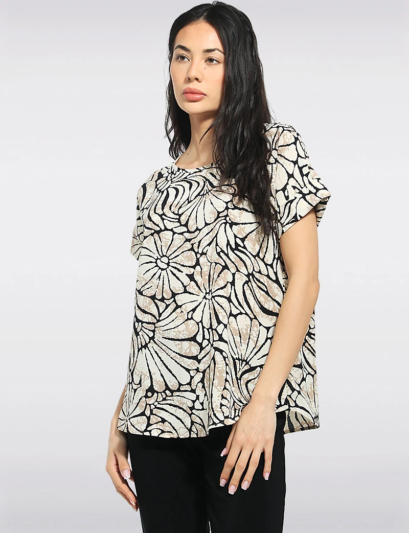 Haut À Imprimé Floral Abstrait Avec Col Rond & Manches Courtes - Ninety Clothing