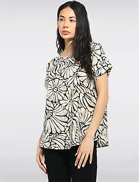 Haut À Imprimé Floral Abstrait Avec Col Rond & Manches Courtes - Ninety Clothing