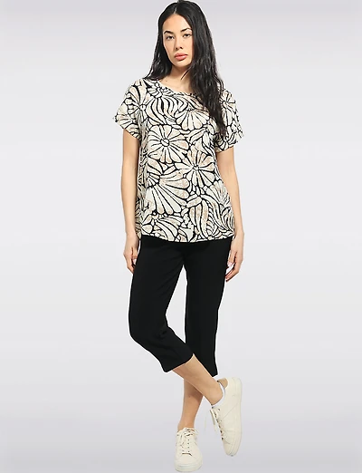 Haut À Imprimé Floral Abstrait Avec Col Rond & Manches Courtes - Ninety Clothing