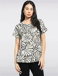 Haut À Imprimé Floral Abstrait Avec Col Rond & Manches Courtes - Ninety Clothing