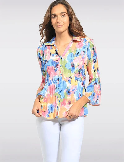 Blouse Boutonnée Plissée À Imprimé Coloré & Manches Évasées Par Ninety Clothing