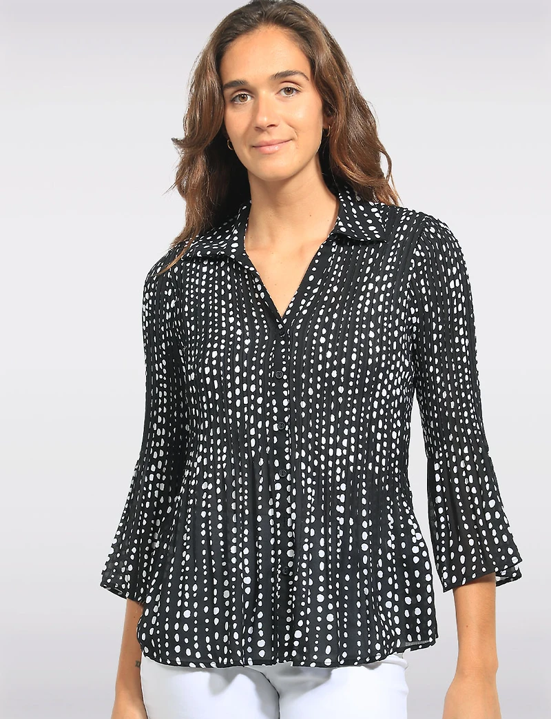 Blouse Classique à Pois Plissée Boutonnée Manches Évasées par Ninety Clothing