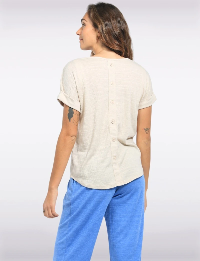 Haut Texturé à Manches Courtes Col Rond & Détail Boutonné au Dos par Ninety
