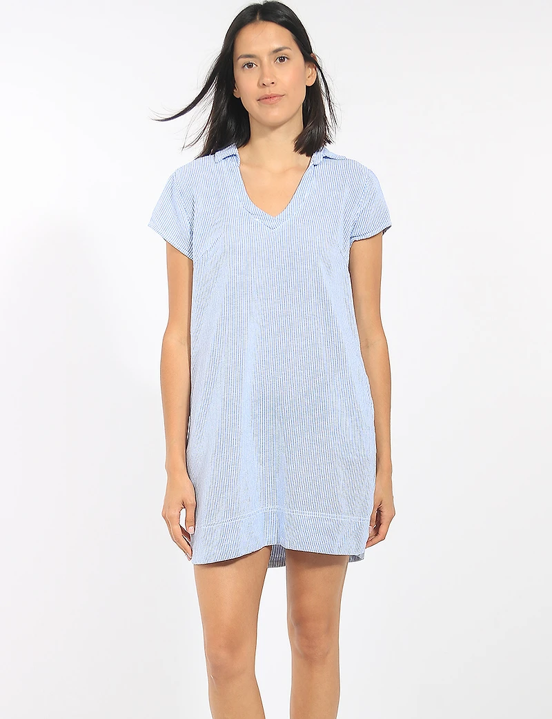 Robe Fluide Rayée en Lin avec Col V Manches Courtes et Poches par Dash