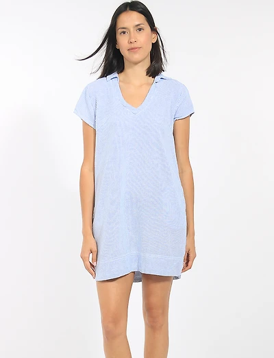 Robe Fluide Rayée en Lin avec Col V Manches Courtes et Poches par Dash