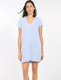 Robe Fluide Rayée en Lin avec Col V Manches Courtes et Poches par Dash