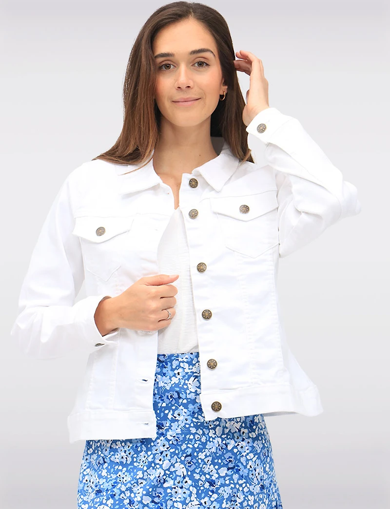 Veste Camionneur Classique en Jean Blanc Uni Boutonnée Avec Poches Par Dash