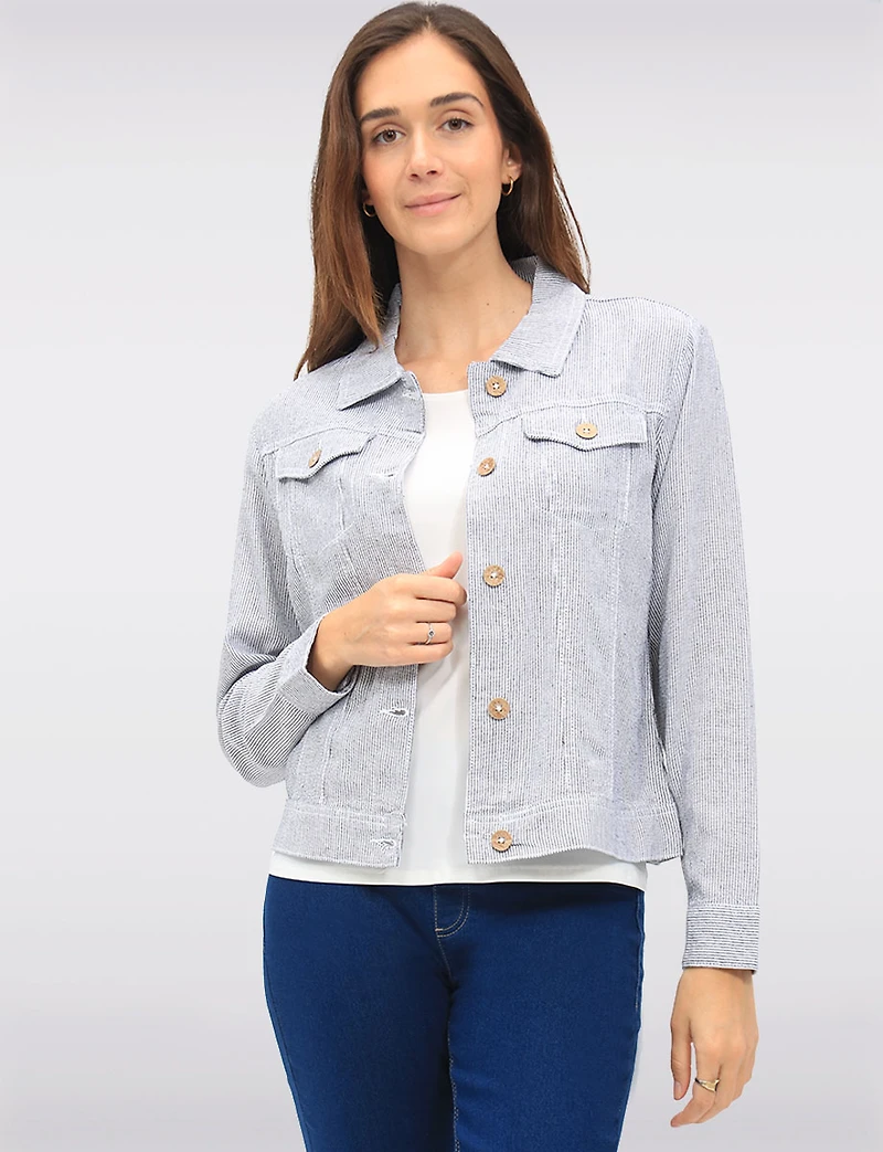 Veste Coupe Camionneur Légère Mélange de Lin à Fines Rayures & Poches Par Dash