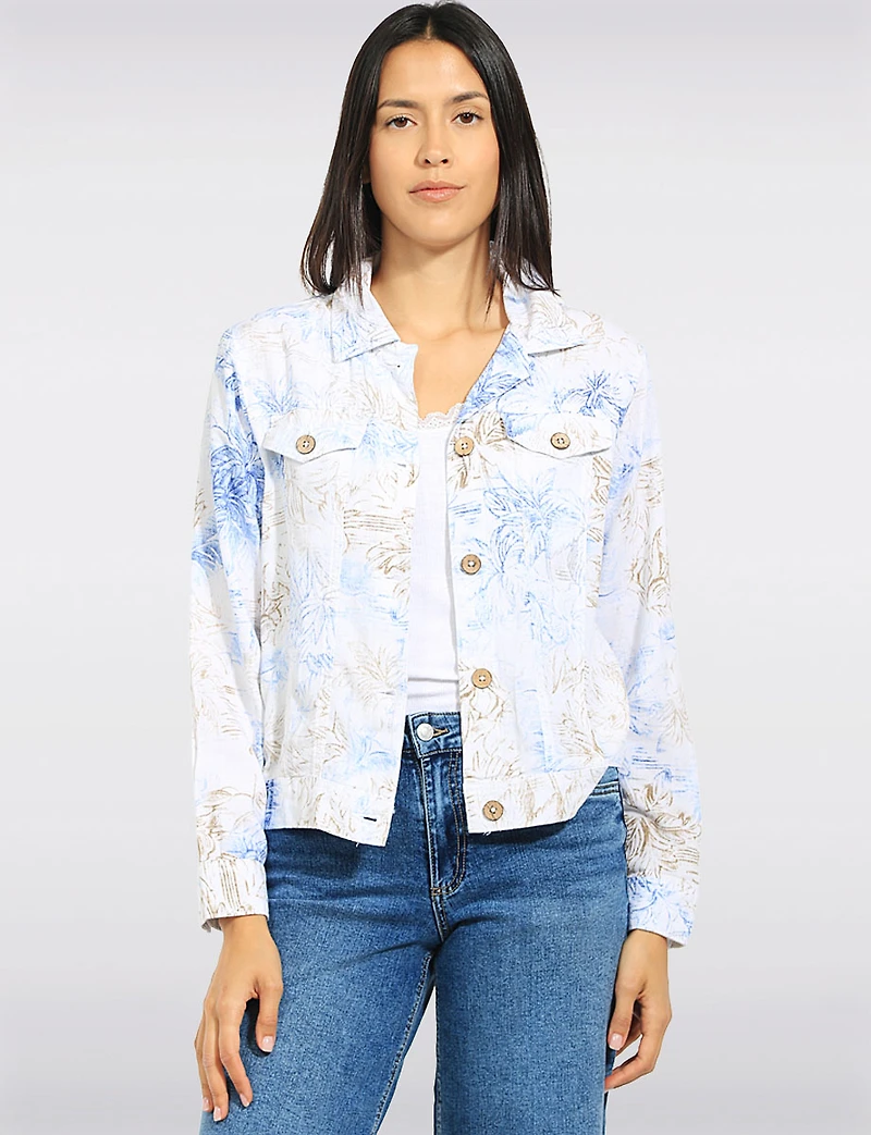 Veste Coupe Camionneur Légère en Mélange de Lin Motif Feuilles & Poches Par Dash