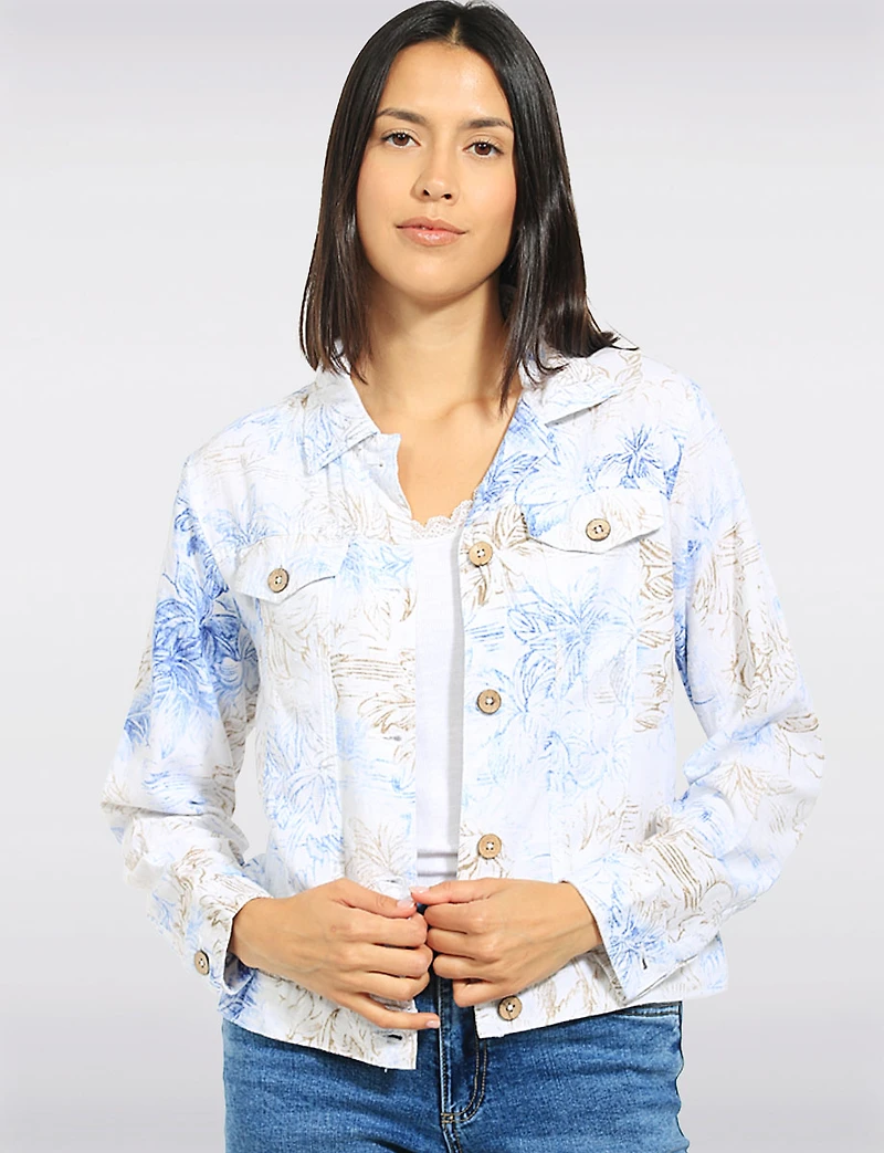 Veste Coupe Camionneur Légère en Mélange de Lin Motif Feuilles & Poches Par Dash