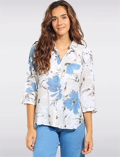 Blouse en Coton Floral Artistique Boutonnée Manches 3/4 à Retrousser par Dash