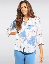 Blouse en Coton Floral Artistique Boutonnée Manches 3/4 à Retrousser par Dash