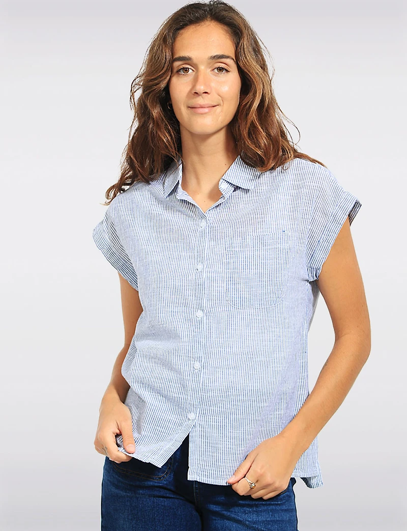 Chemisier Coton Rayé Coupe Droite à Boutons et Manches Courtes Dash