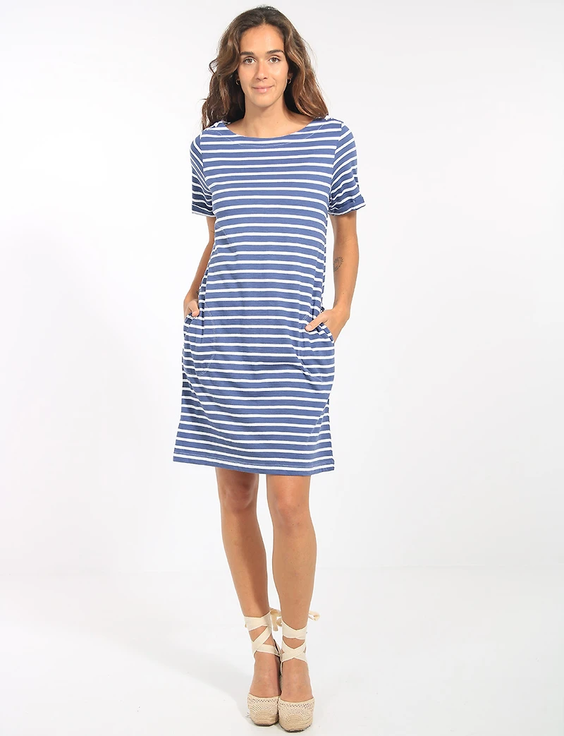 Robe Rayée en Coton à Col Bateau Épaules Lacées & Poches Latérales par Erika