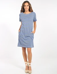 Robe Rayée en Coton à Col Bateau Épaules Lacées & Poches Latérales par Erika