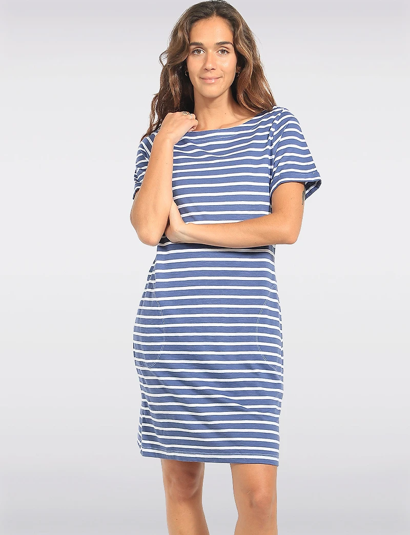 Robe Rayée en Coton à Col Bateau Épaules Lacées & Poches Latérales par Erika