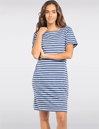 Robe Rayée en Coton à Col Bateau Épaules Lacées & Poches Latérales par Erika