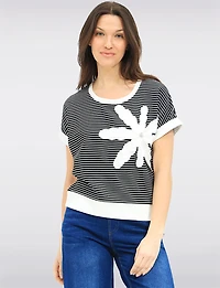 Haut Court Rayé Noir & Blanc | Manches Courtes à Poignets Appliqués Floraux