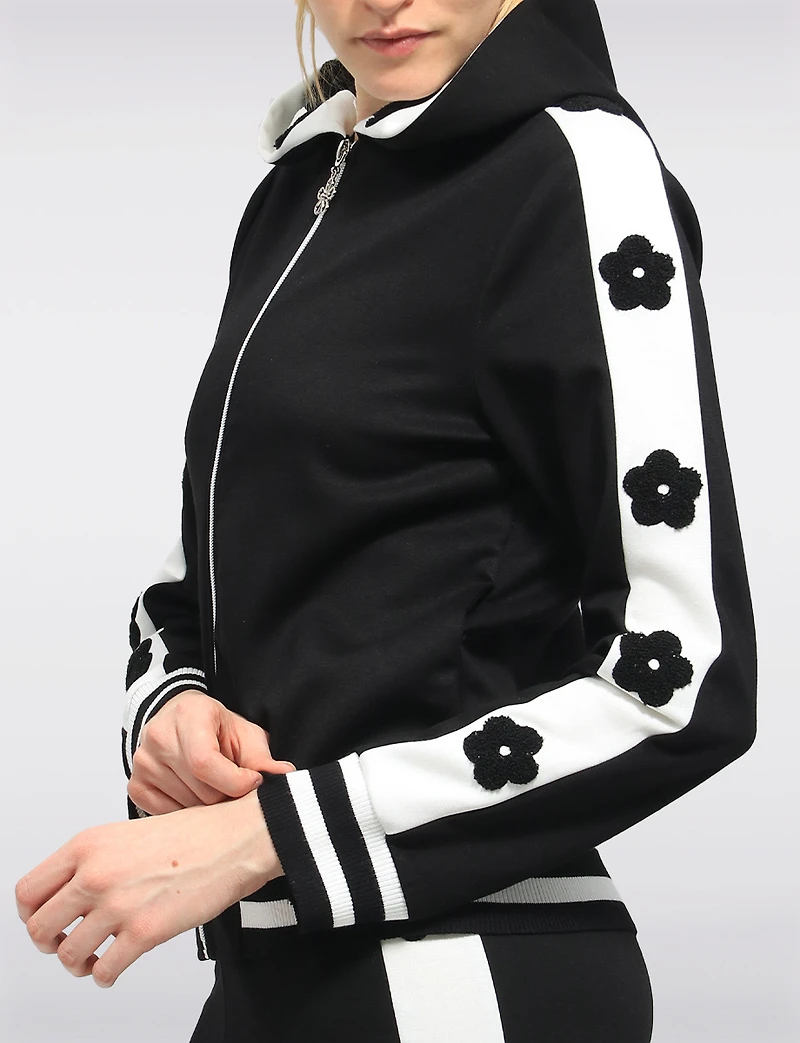 Hoodie Zippé avec Bordures Rayées Appliques Floraux & Poches Latérales par Orly