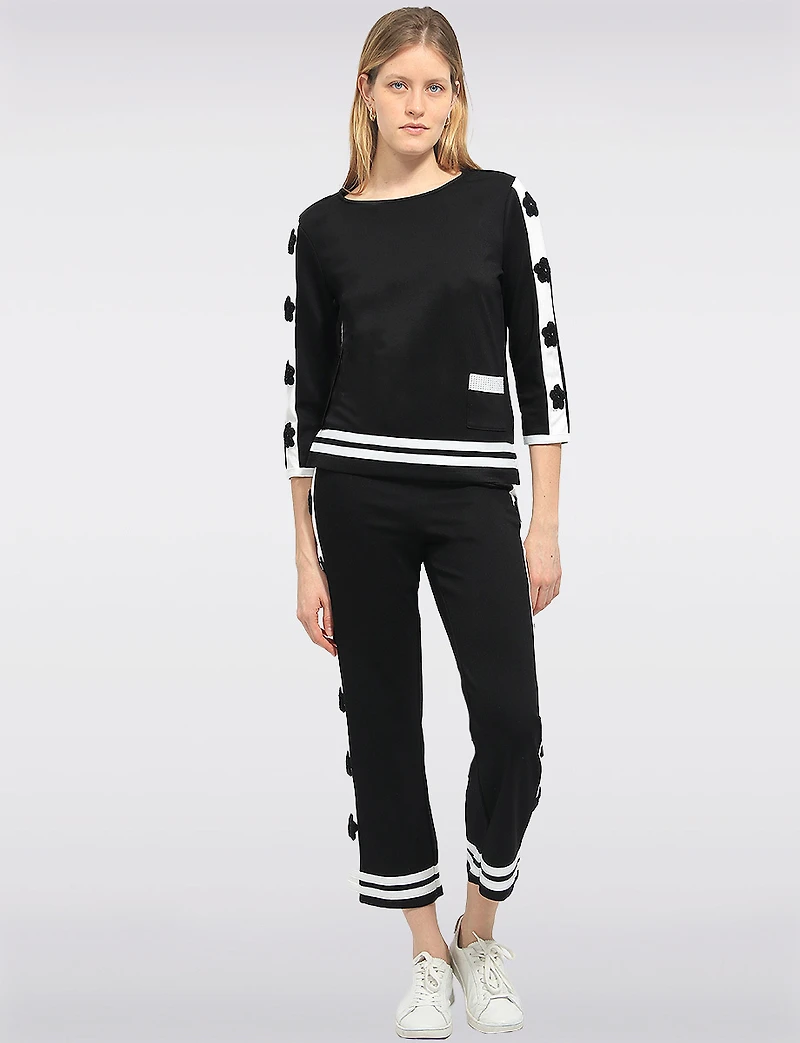 Pantalon à Enfiler avec Détail de Double Bande et Appliqués Floraux par Orly