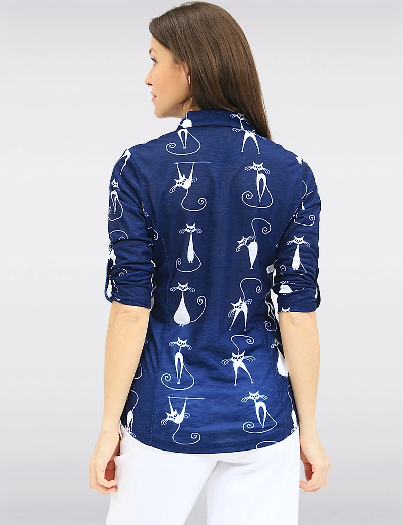 Blouse Boutonnée À Imprimé Chats Manches 3/4 & Ourlet Arrondi Par Tango Mango