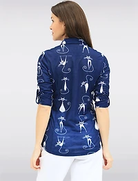 Blouse Boutonnée À Imprimé Chats Manches 3/4 & Ourlet Arrondi Par Tango Mango