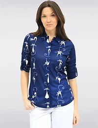 Blouse Boutonnée À Imprimé Chats Manches 3/4 & Ourlet Arrondi Par Tango Mango