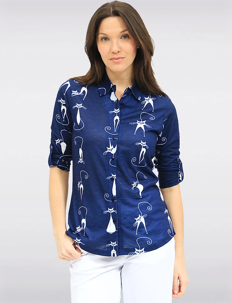 Blouse Boutonnée À Imprimé Chats Manches 3/4 & Ourlet Arrondi Par Tango Mango