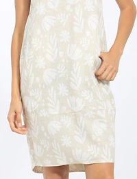 Robe en Lin Sans Manches Coupe Ballon Motif Floral Ourlet Asymétrique Arrondie