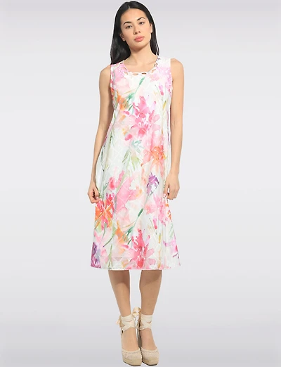 Robe Trapèze Mi-longue Sans Manches À Imprimé Floral Et Col Croisé Par Cativa