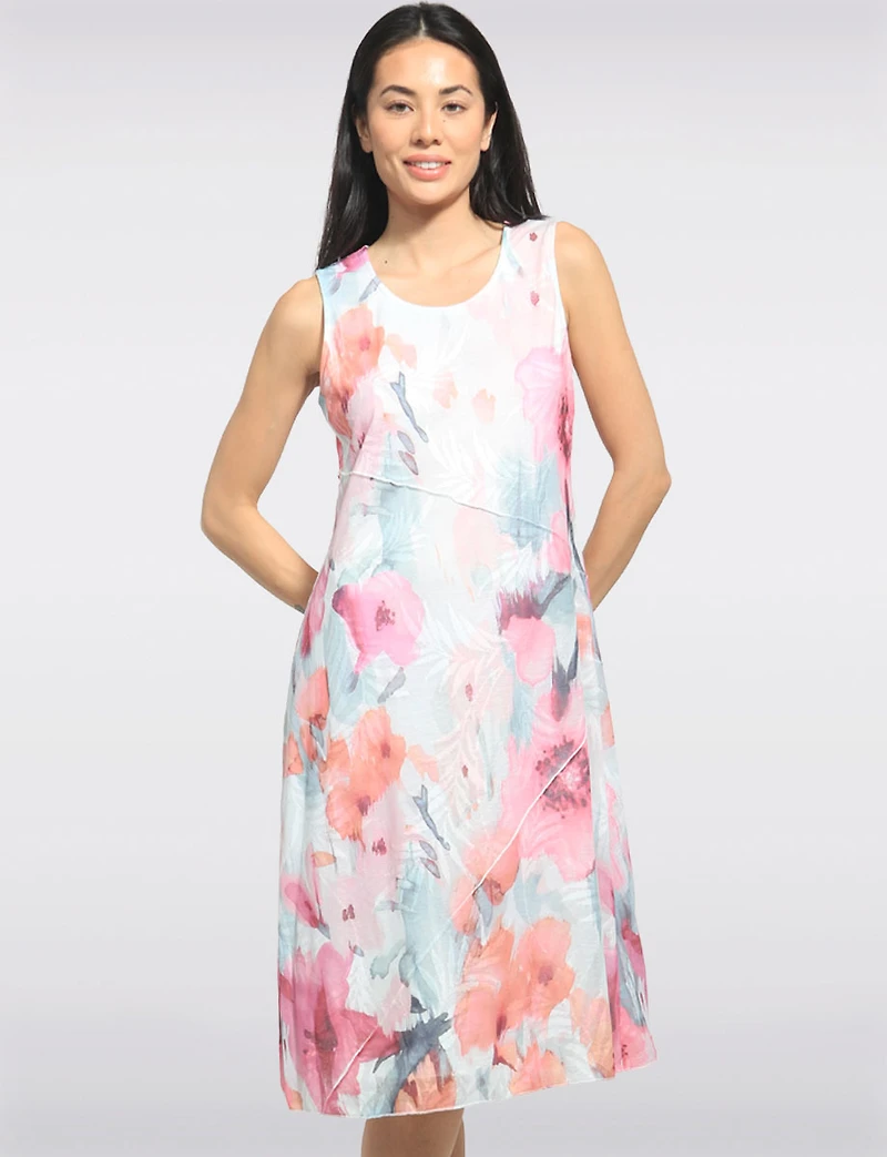 Robe Mi-longue Sans Manches Coupe Trapèze À Imprimé Floral Rose Par Cativa