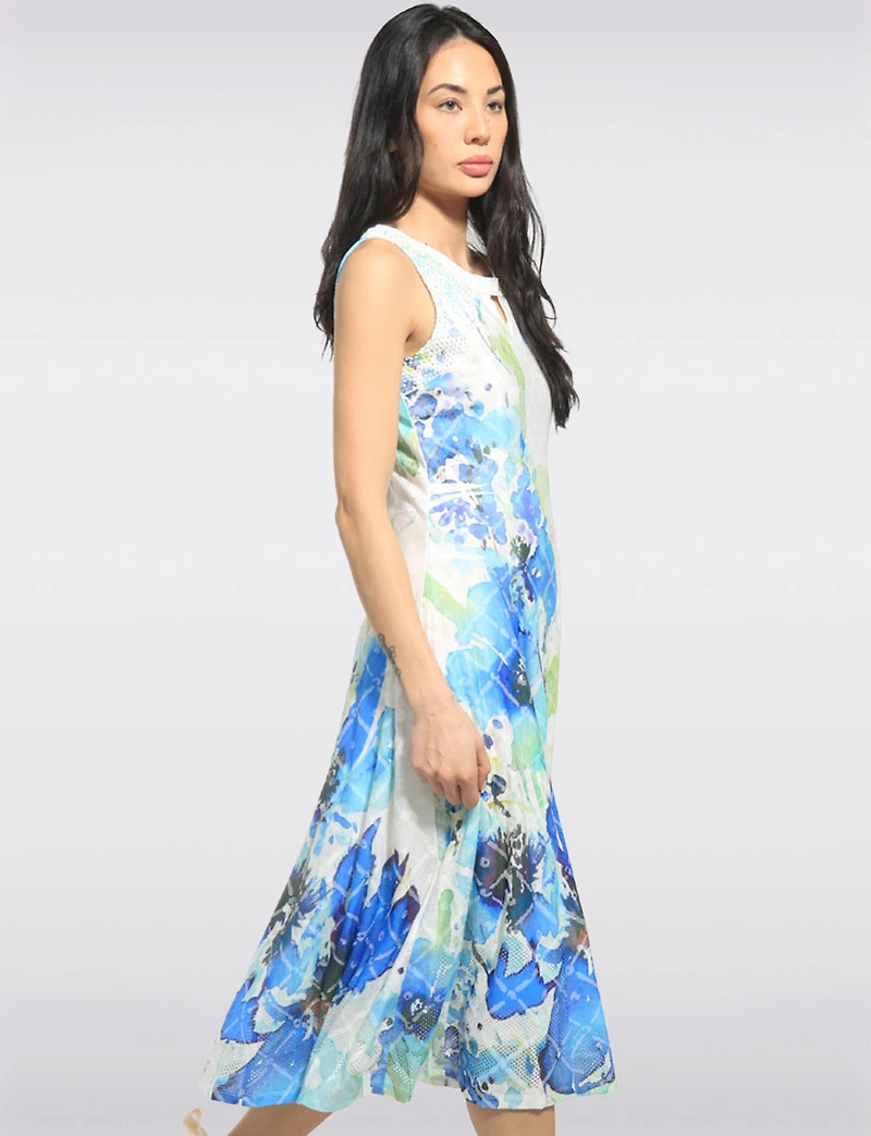 Robe Trapèze Mi-longue Sans Manches Imprimé Floral Détails en Maille Par Cativa