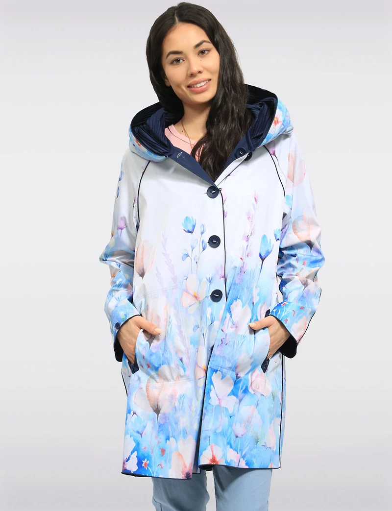 Veste Imperméable Réversible Chic Femme À Motif Floral – Col Plissé Élégant