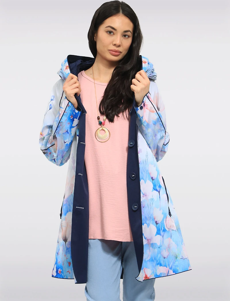 Veste Imperméable Réversible Chic Femme À Motif Floral – Col Plissé Élégant