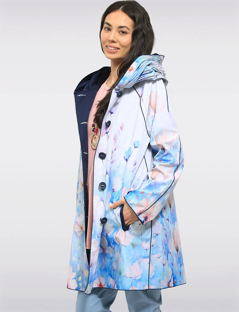 Veste Imperméable Réversible Chic Femme À Motif Floral – Col Plissé Élégant