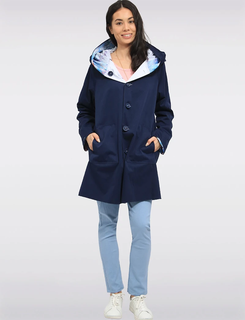 Veste Imperméable Réversible Chic Femme À Motif Floral – Col Plissé Élégant