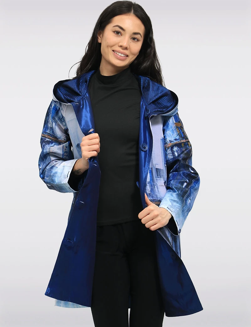 Veste Imperméable Réversible Chic Femme À Motif Abstrait – Col Plissé