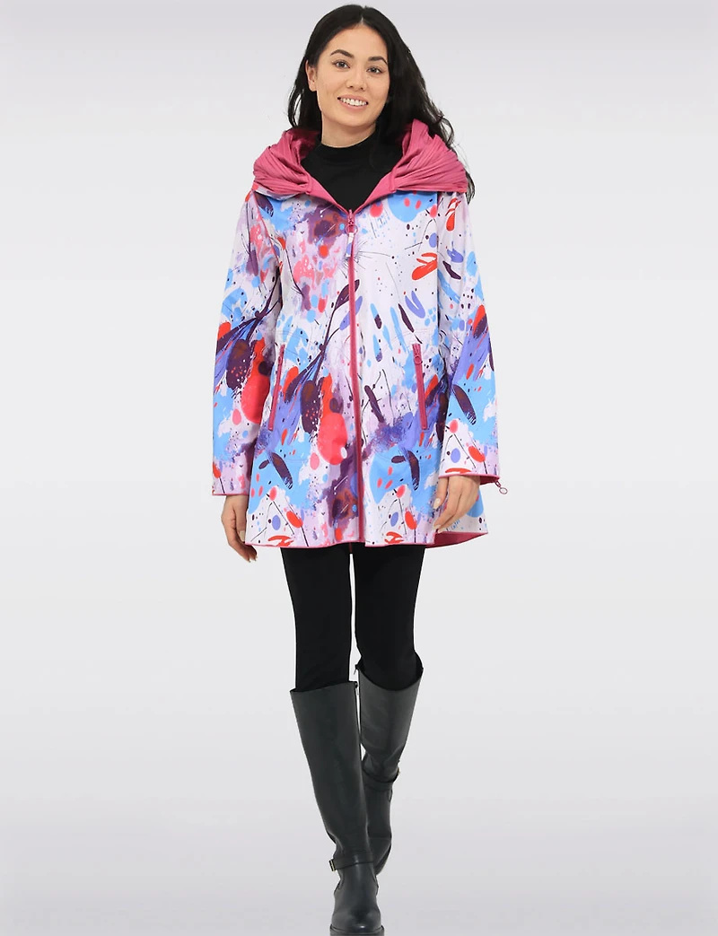 Veste Imperméable Réversible Chic à Motif Vibrant avec Col Plissé