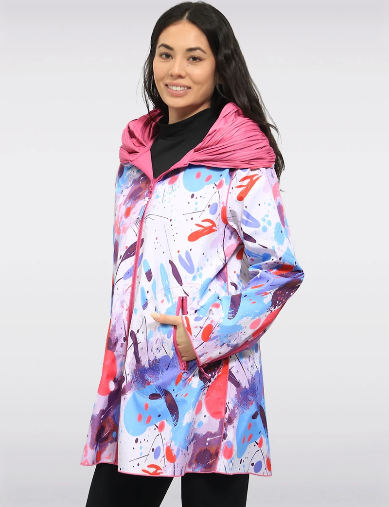 Veste Imperméable Réversible Chic à Motif Vibrant avec Col Plissé