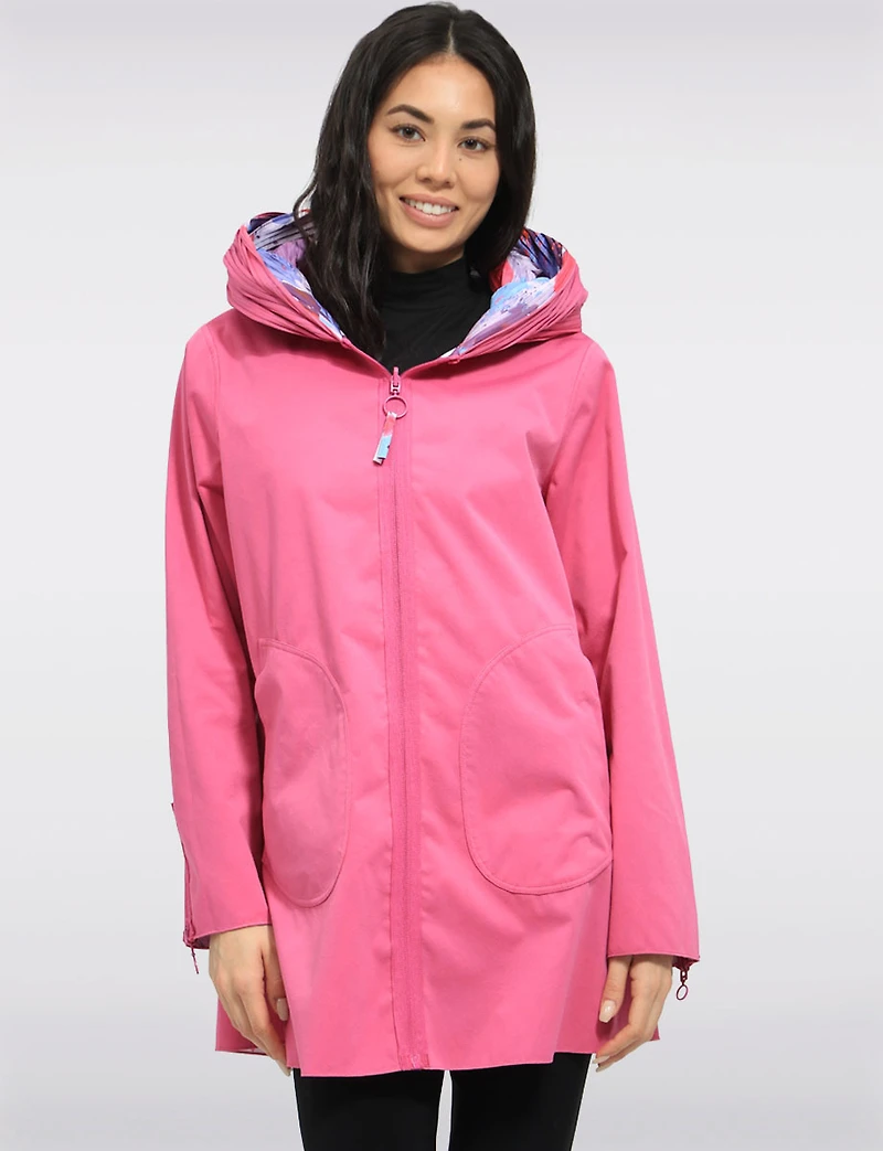 Veste Imperméable Réversible Chic à Motif Vibrant avec Col Plissé