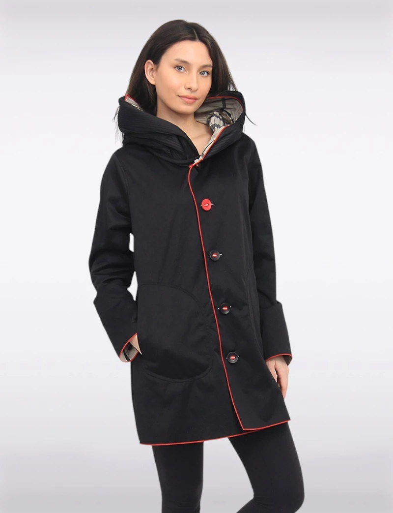 Veste Imperméable Réversible À Carreaux – Capuche Accordéon, Liseré Rouge