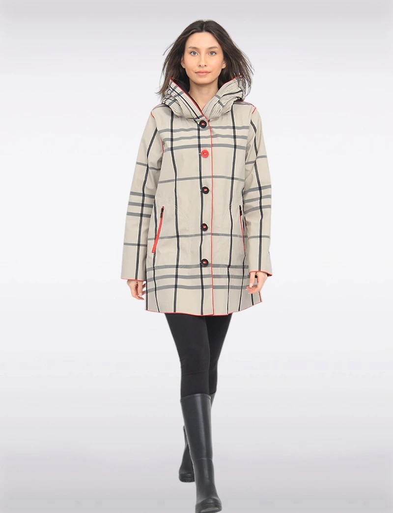 Veste Imperméable Réversible À Carreaux – Capuche Accordéon, Liseré Rouge