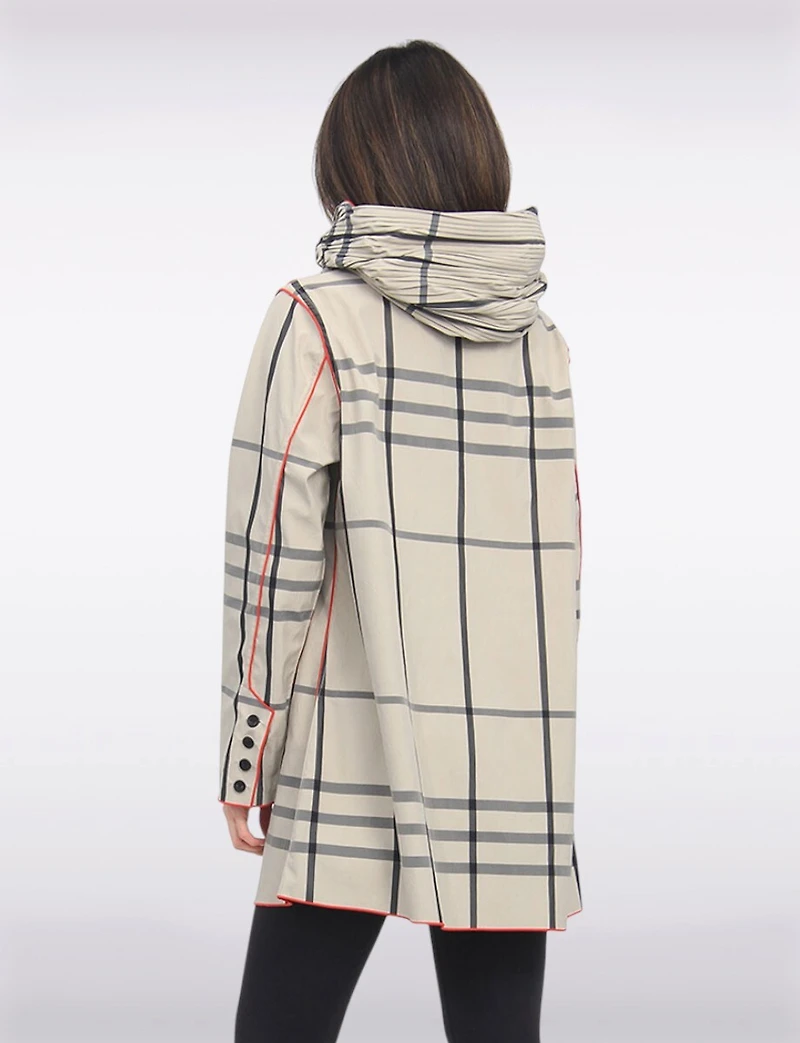Veste Imperméable Réversible À Carreaux – Capuche Accordéon, Liseré Rouge